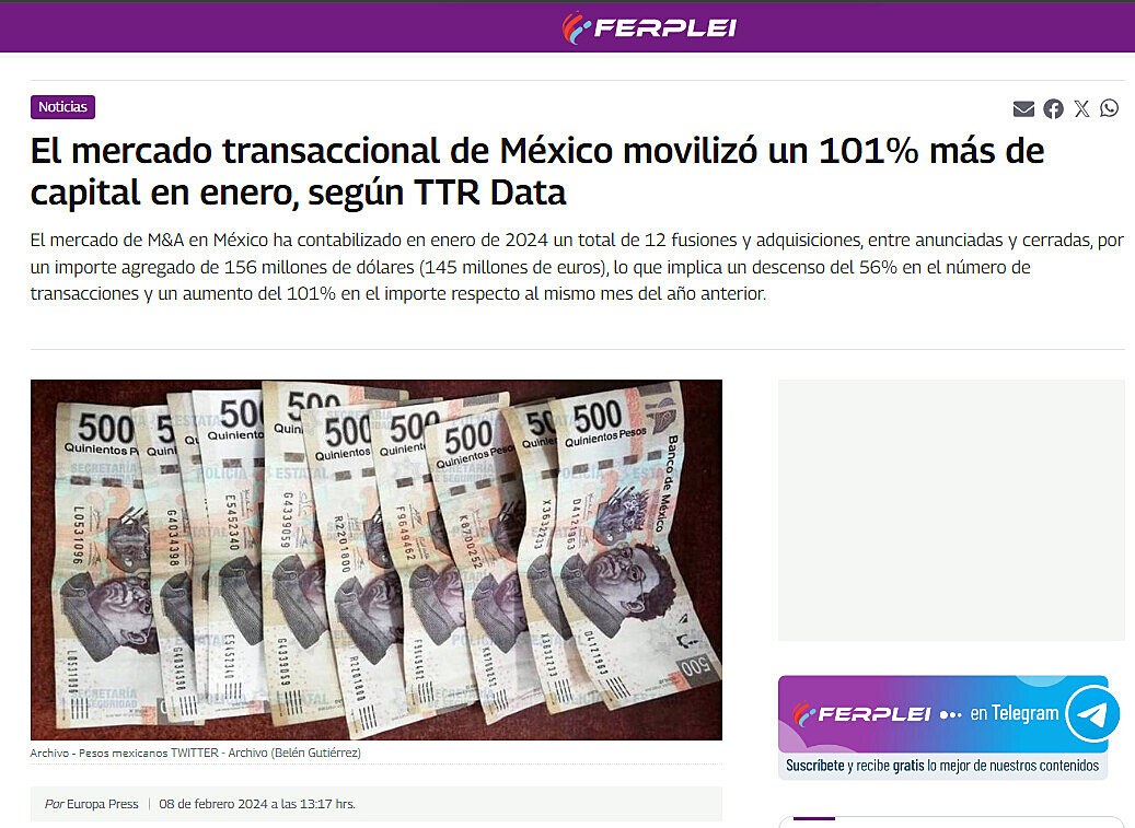 El mercado transaccional de Mxico moviliz un 101% ms de capital en enero, segn TTR Data